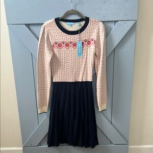 Draper James Cream and Blue Pleated A-Line Sweater Dress